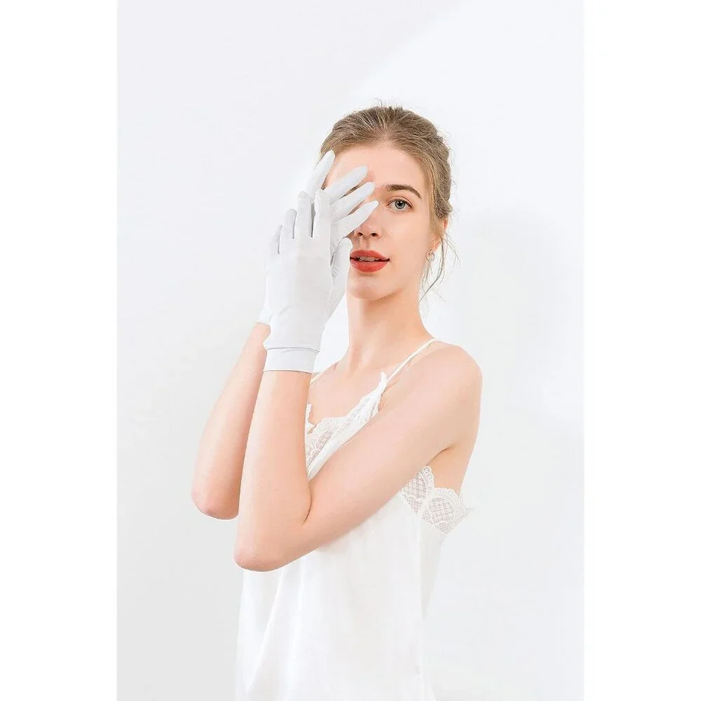 Women's Silver Gray Pure Silk Sunscreen UV Protection Silk Elastic Index Gloves
